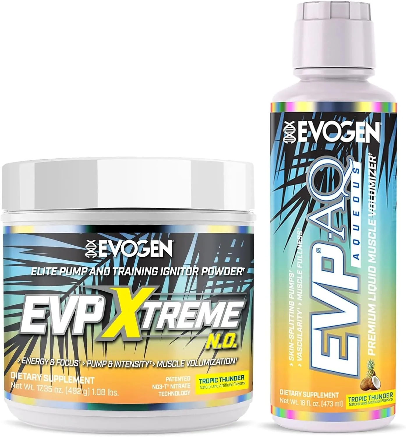 مجموعه اووجن EVP Xtreme NO + EVP AQ - پودر قبل از تمرین و حجم دهنده گلیسیرول مایع برای آقایان و بانوان | پمپ شدید، اکسید نیتریک، انرژی، هیدراتاسیون و عروق خونی | تروپیک تندر