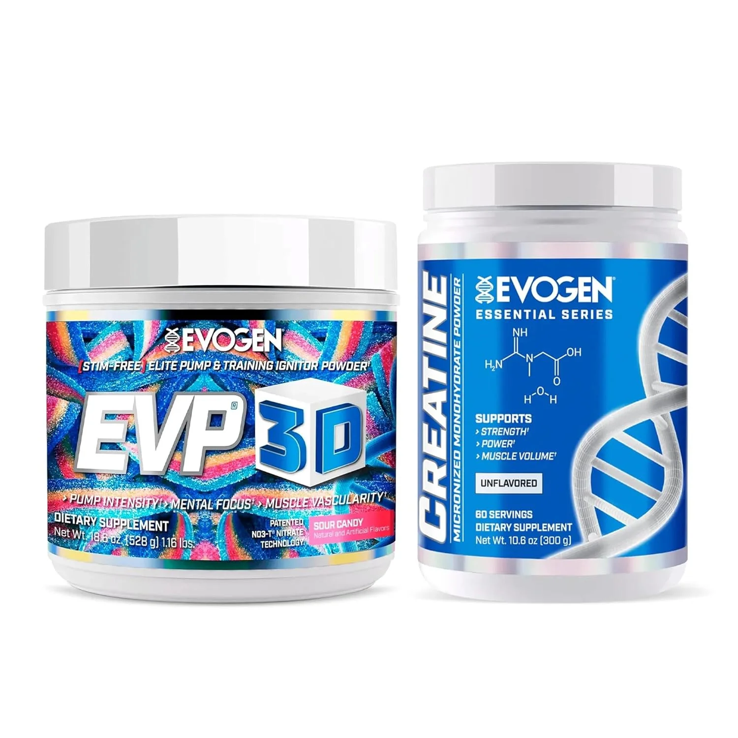 مجموعه اِووجن EVP 3D کراتین مونوهیدرات – پودر قبل از تمرین بدون محرک و کراتین میکرونیزه برای پمپ، قدرت و ریکاوری | طعم ترش + بدون طعم