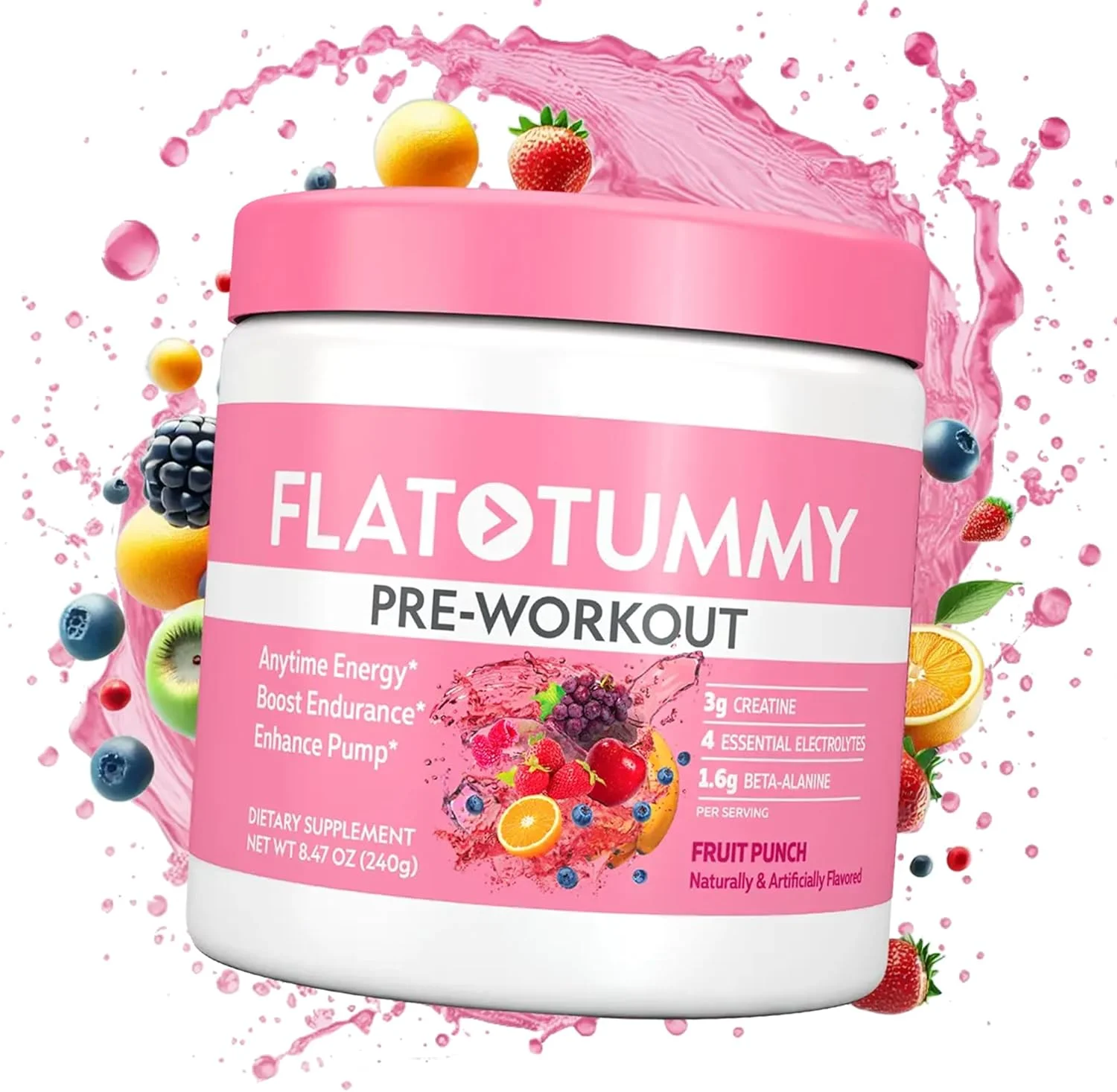 پودر قبل از تمرین Flat Tummy برای بانوان - انرژی، استقامت و پشتیبانی از عضلات با 3 گرم کراتین، 1.6 گرم بتا آلانین، الکترولیت ها - طعم پانچ میوه - 30 سروینگ