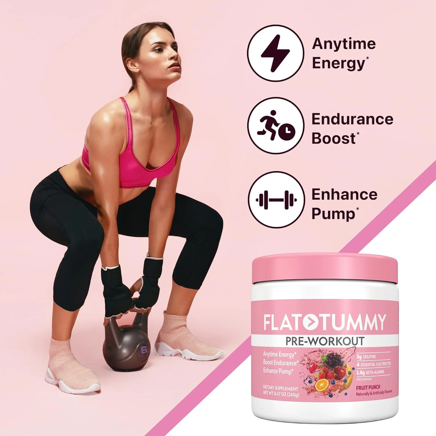 پودر قبل از تمرین Flat Tummy برای بانوان - انرژی، استقامت و پشتیبانی از عضلات با 3 گرم کراتین، 1.6 گرم بتا آلانین، الکترولیت ها - طعم پانچ میوه - 30 سروینگ