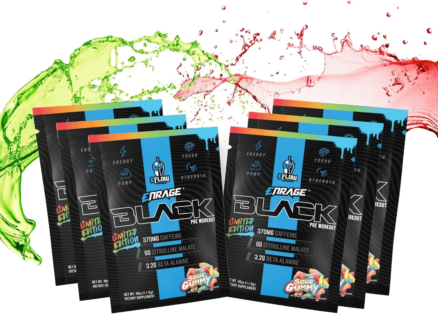 ای فلو نوتریشن ENRAGE Black پودر انرژی زا با طعم پاستیل ترش - بسته های مسافرتی - انرژی محرک بالا، پمپ، قدرت، استقامت، تمرکز، فرمول نوتروپیک - طعم پاستیل ترش (6 بسته)