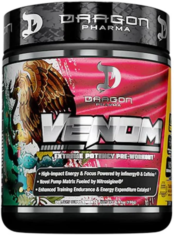 DRAGON PHARMA Venom مکمل قبل از تمرین با قدرت فوق العاده، تمرکز و انرژی بالا، عملکرد شدید، مواد تشکیل دهنده ثابت شده برای افزایش گشاد شدن عروق و استقامت (40 سروینگ، Tamarindo Aqua Fresca)