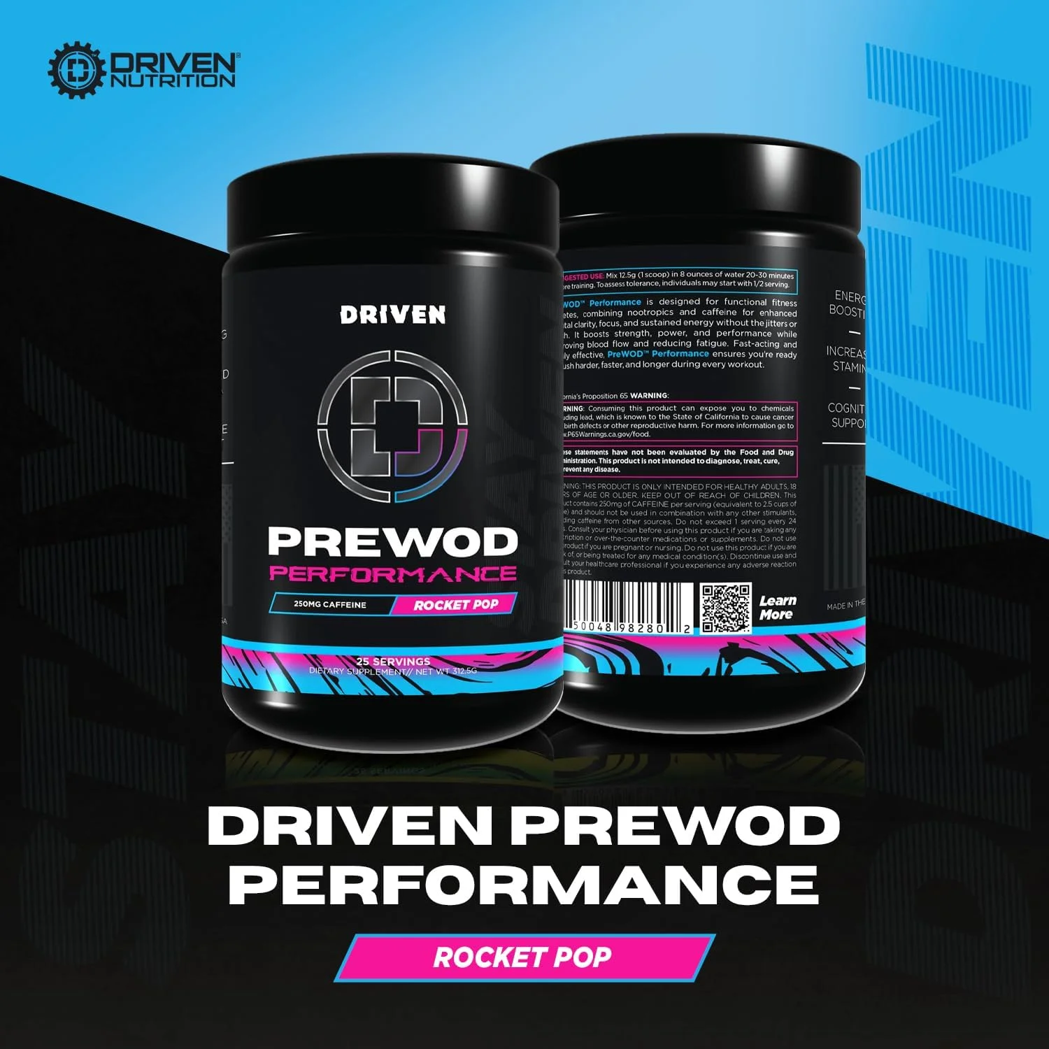 پودر نوشیدنی انرژی زا Driven PREWOD، ۲۵ سروینگ - مکمل قبل از تمرین با افزایش انرژی، تمرکز، قدرت و استقامت برای تمرینات با شدت بالا (عملکرد، Rocket Pop)