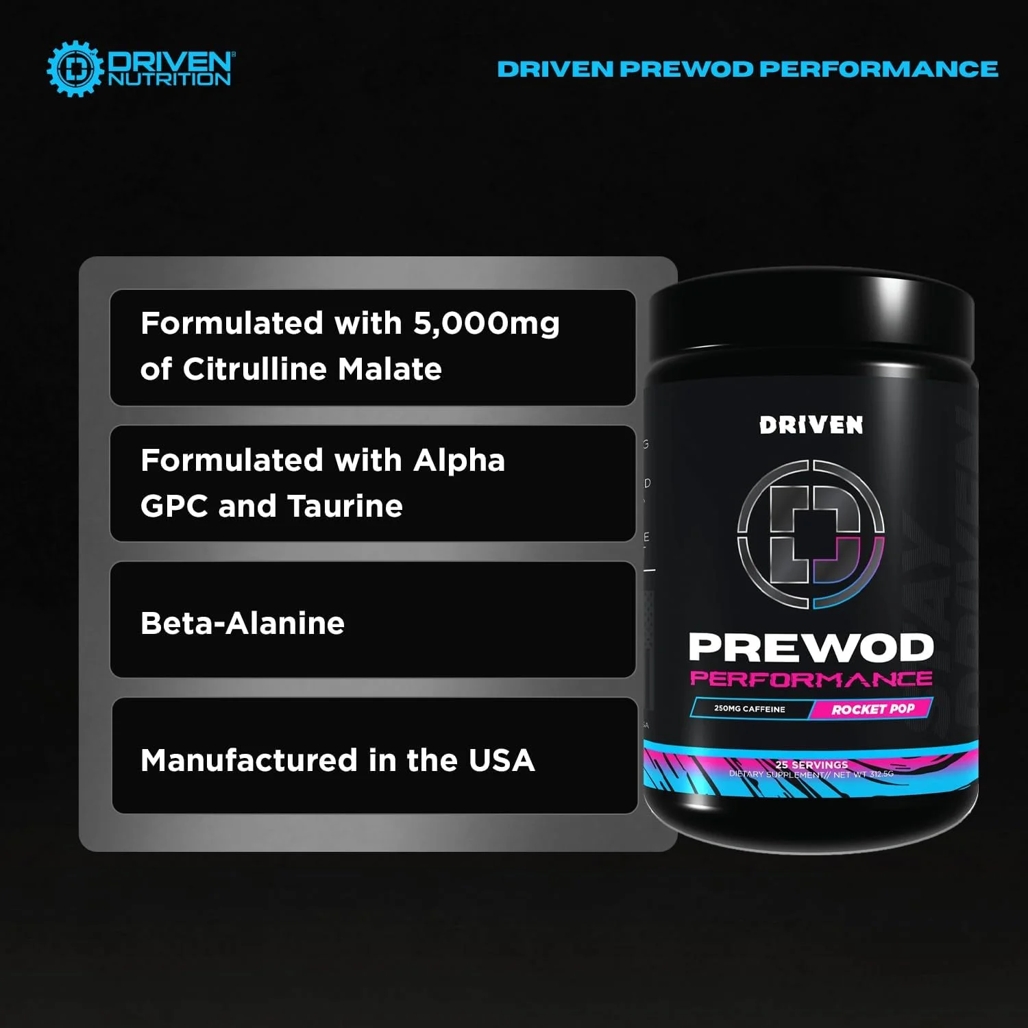 پودر نوشیدنی انرژی زا Driven PREWOD، ۲۵ سروینگ - مکمل قبل از تمرین با افزایش انرژی، تمرکز، قدرت و استقامت برای تمرینات با شدت بالا (عملکرد، Rocket Pop)