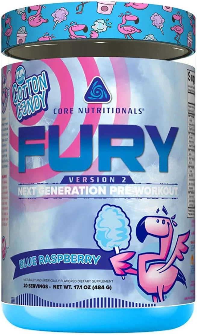 پودر قبل از تمرین Core Nutritionals Fury V2 برای به حداکثر رساندن عملکرد در باشگاه با کافئین Zum-XR®، ال-سیترولین و آلفا GPC (40 پیمانه) (تمشک آبی Fun Sweets™)