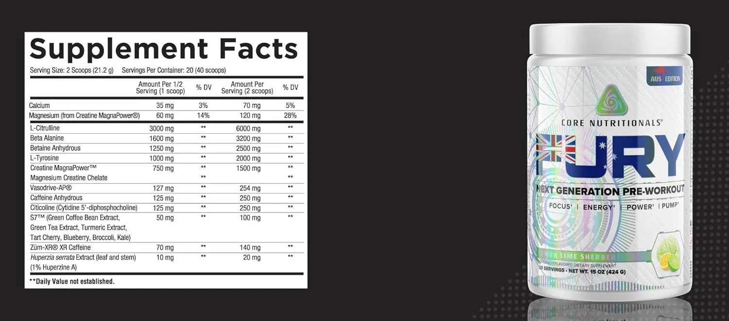 مکمل پیش از تمرین Core Nutritionals Fury Platinum با 375 میلی گرم کافئین، 5 گرم کراتین مونوهیدرات، 6 گرم ال-سیترولین برای حداکثر پمپ، قدرت، تمرکز و انرژی، 20 سروینگ، (آب نبات سیب سبز)