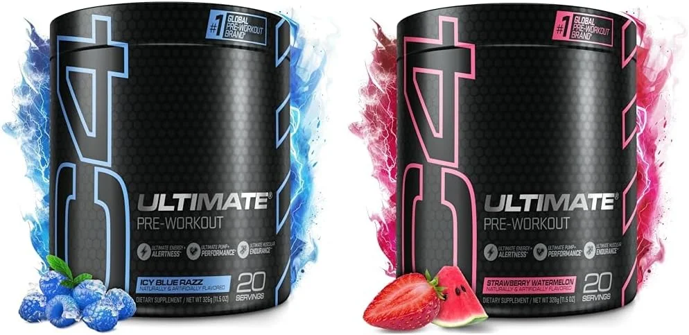 مجموعه پودر پیش از تمرین Cellucor C4 Ultimate - طعم تمشک آبی یخی + هندوانه توت فرنگی - 300 میلی گرم کافئین + 3.2 گرم بتا آلانین + 2 کراتین ثبت شده - 20 سروینگ