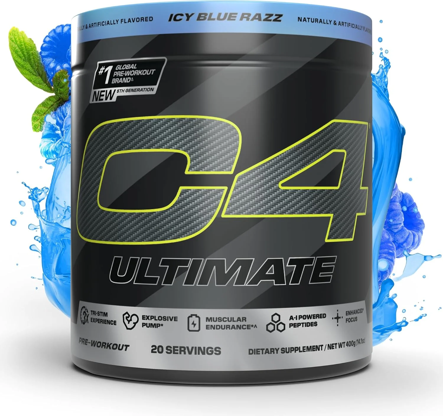 پودر مکمل انرژی قبل از تمرین Cellucor C4 Ultimate - مکمل انرژی قبل از تمرین بدون شکر برای مردان و زنان - 300 میلی گرم کافئین + TeaCrine + Dynamine + کراتین - تمشک آبی یخی، 20 سروینگ