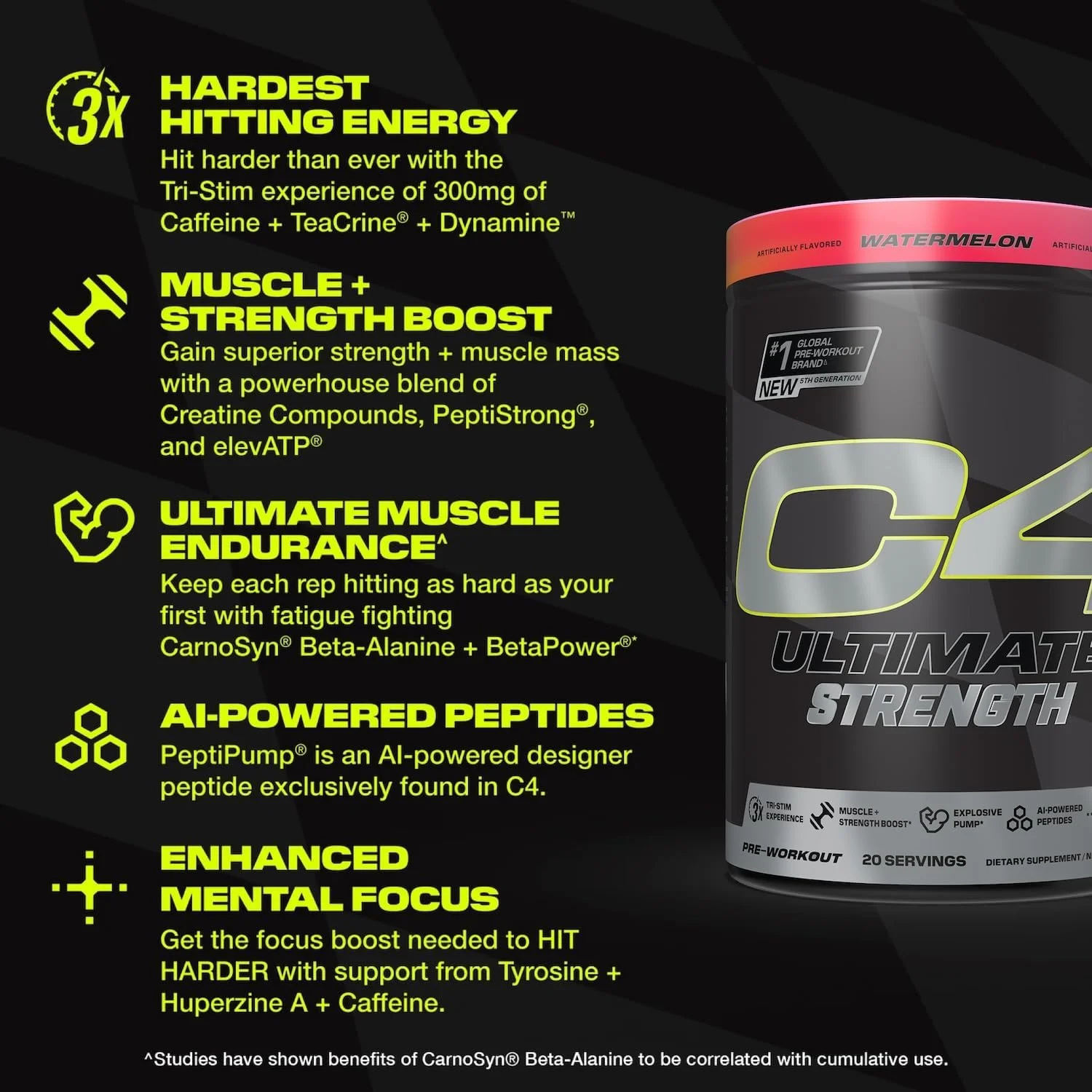 پودر مکمل قبل از تمرین سلوکور C4 Ultimate Strength - تجربه سه گانه محرک 300 میلی گرم کافئین + TeaCrine + Dynamine - کراتین و بتا آلانین - مکمل انرژی برای مردان و زنان - هندوانه، 20 سروینگ
