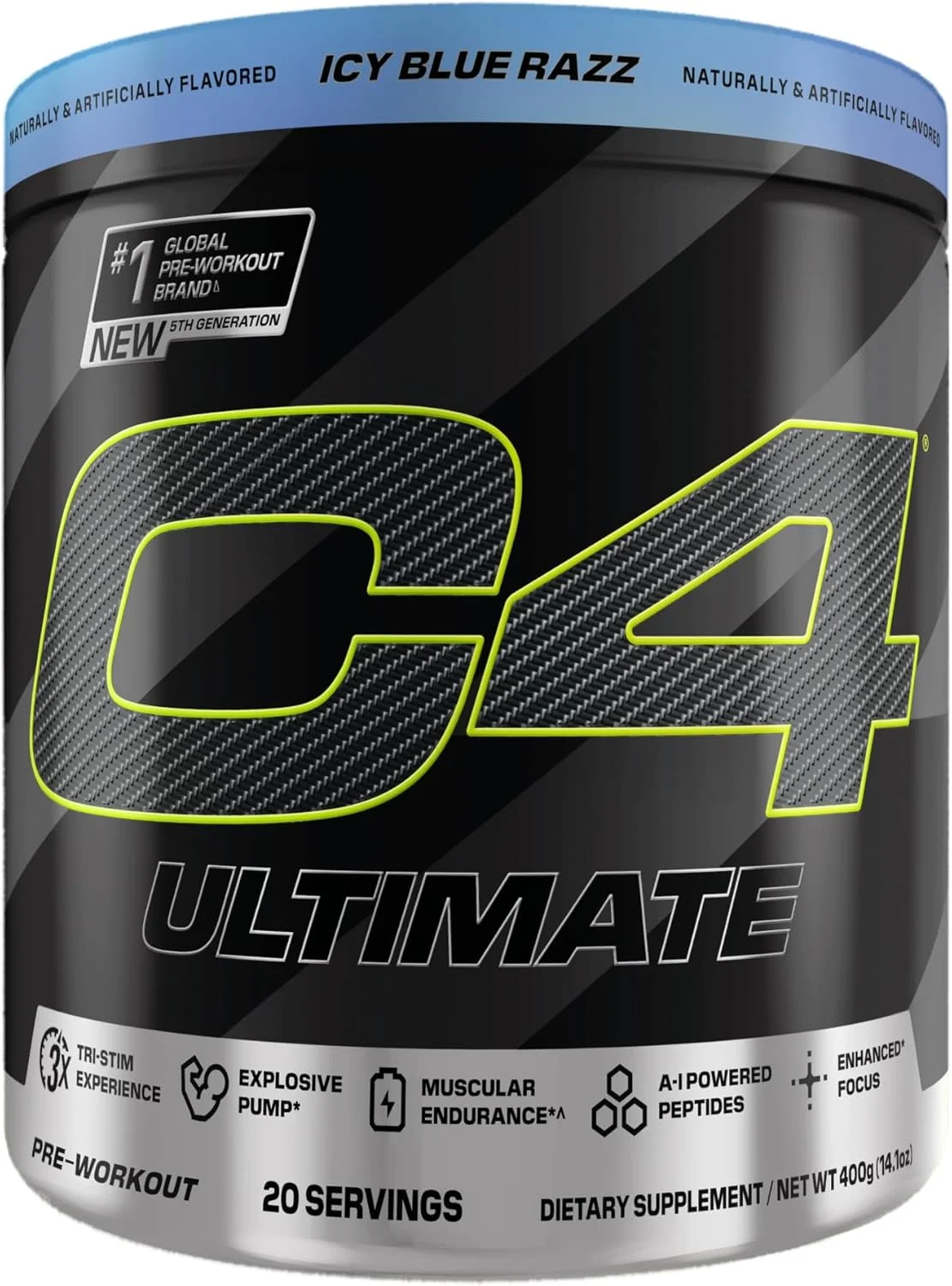 پودر مکمل انرژی قبل از تمرین Cellucor C4 Ultimate - مکمل انرژی قبل از تمرین بدون شکر برای مردان و زنان - 300 میلی گرم کافئین + TeaCrine + Dynamine + کراتین - تمشک آبی یخی، 20 سروینگ