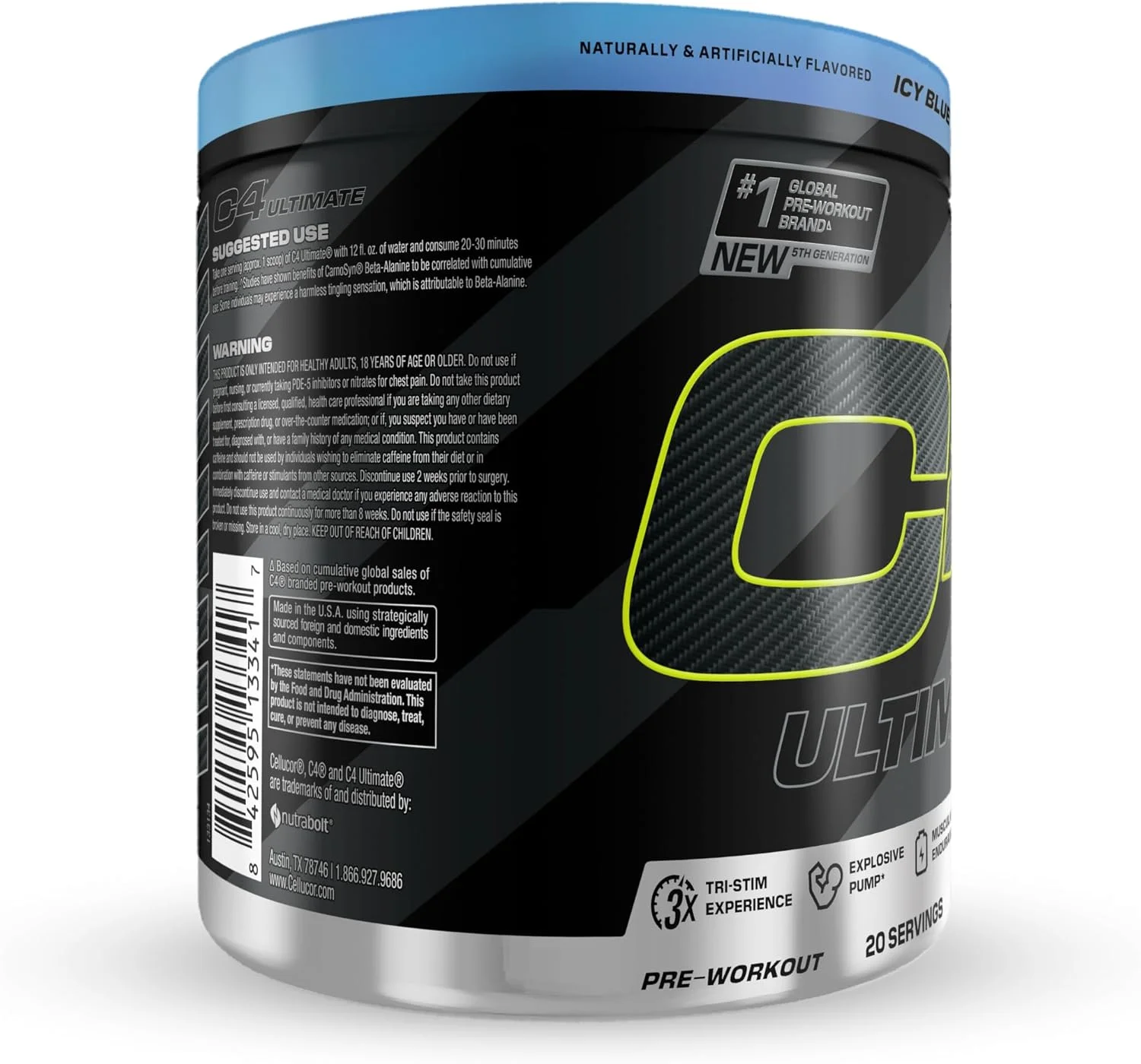 پودر مکمل انرژی قبل از تمرین Cellucor C4 Ultimate - مکمل انرژی قبل از تمرین بدون شکر برای مردان و زنان - 300 میلی گرم کافئین + TeaCrine + Dynamine + کراتین - تمشک آبی یخی، 20 سروینگ
