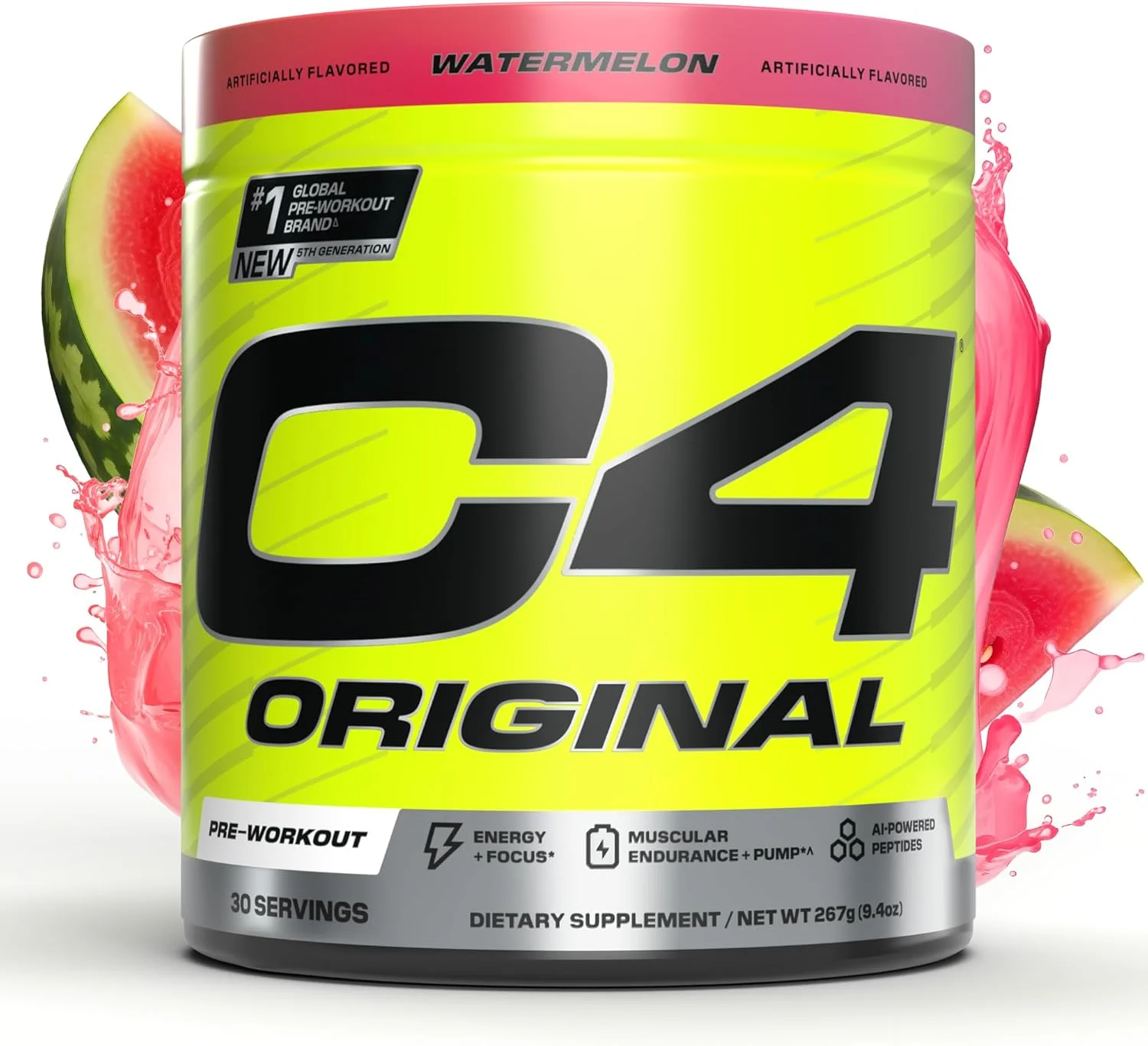 پودر پیش تمرینی بدون شکر Cellucor C4 Original برای آقایان و بانوان، 200 میلی گرم کافئین + کارنوسین بتا آلانین + کراتین + پپتیدهای AI - طعم هندوانه، 30 سروینگ