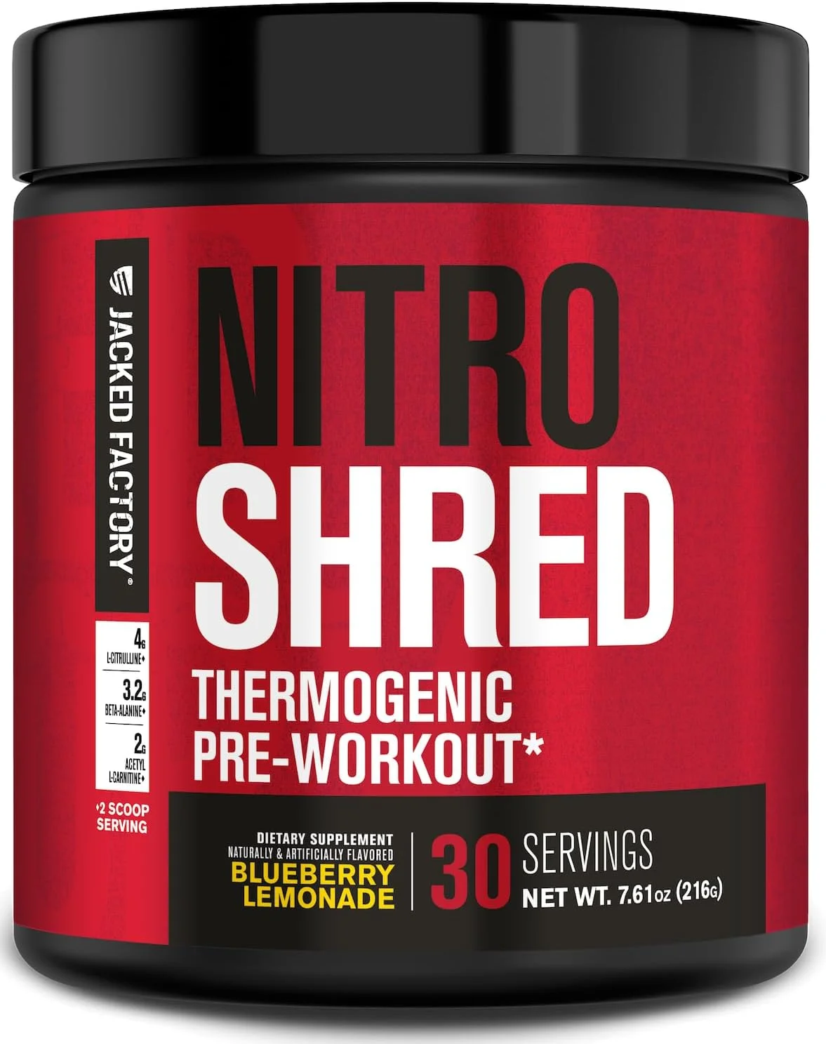 مکمل قبل از تمرین Jacked Factory NITROSURGE Shred - افزایش دهنده انرژی، افزایش فوری قدرت، تمرکز بالا، پمپ های قدرتمند - تقویت کننده اکسید نیتریک و پودر قبل از تمرین - 30 سروینگ، بلوبری لیموناد