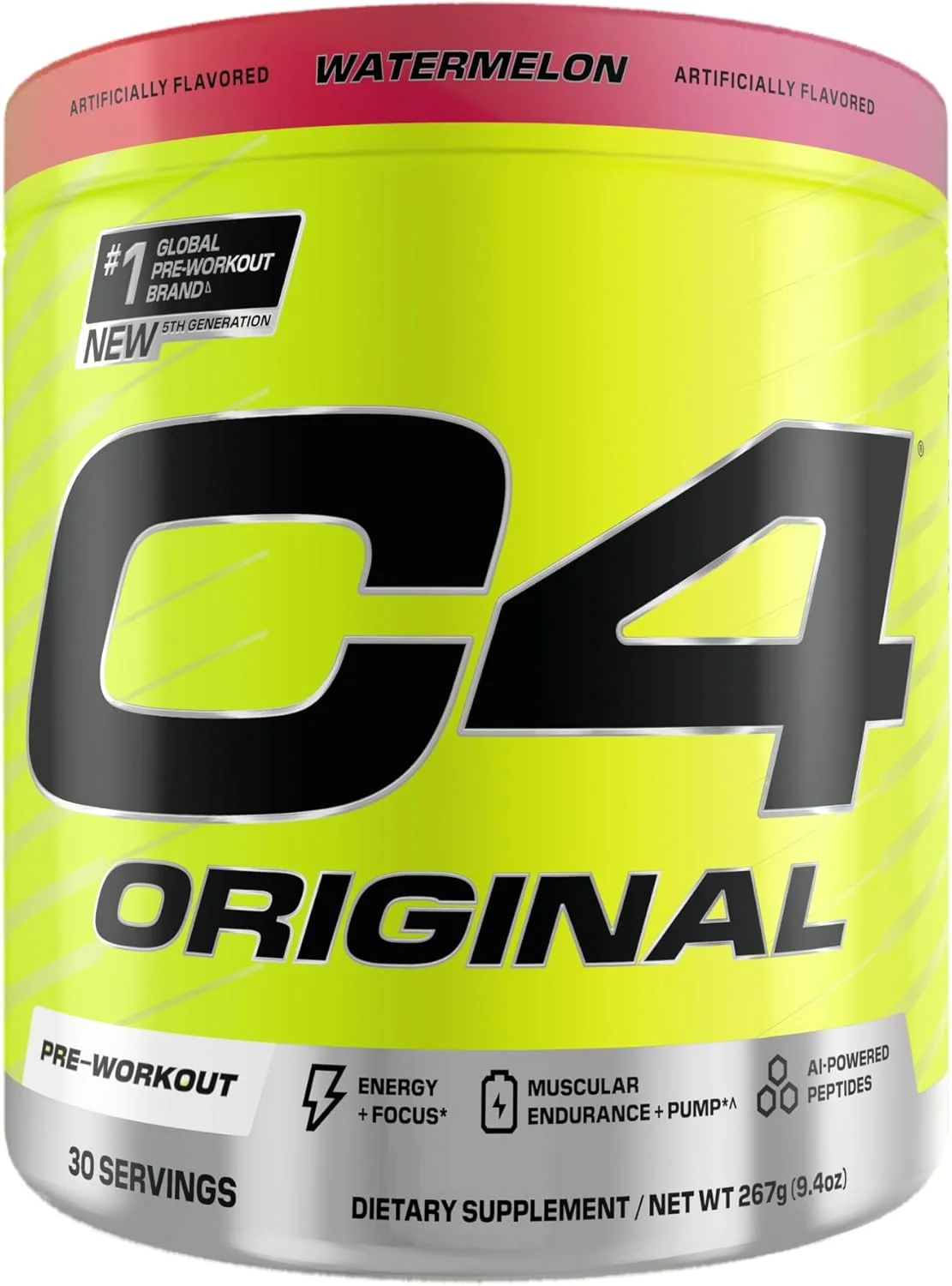 پودر پیش تمرینی بدون شکر Cellucor C4 Original برای آقایان و بانوان، 200 میلی گرم کافئین + کارنوسین بتا آلانین + کراتین + پپتیدهای AI - طعم هندوانه، 30 سروینگ