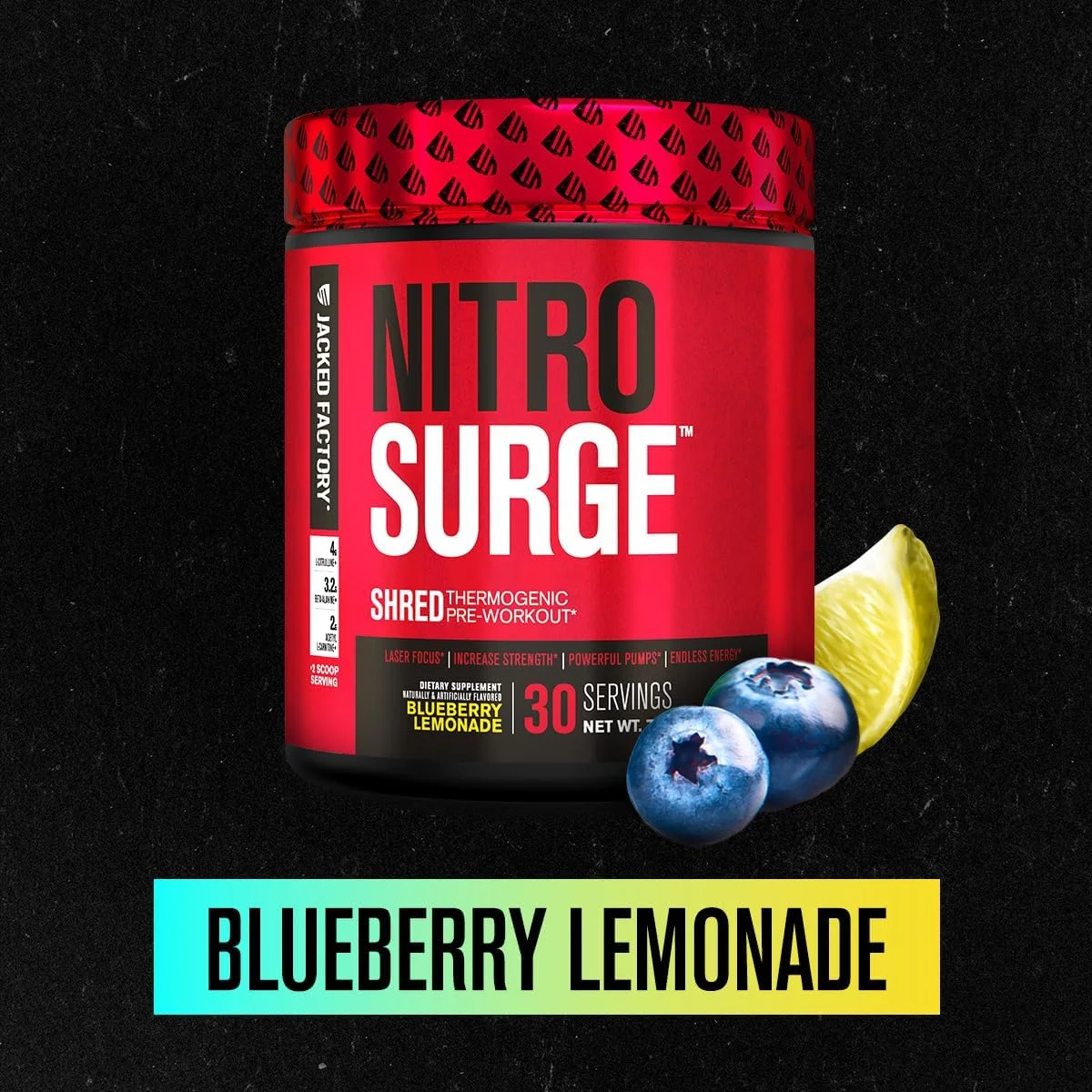 مکمل قبل از تمرین Jacked Factory NITROSURGE Shred - افزایش دهنده انرژی، افزایش فوری قدرت، تمرکز بالا، پمپ های قدرتمند - تقویت کننده اکسید نیتریک و پودر قبل از تمرین - 30 سروینگ، بلوبری لیموناد