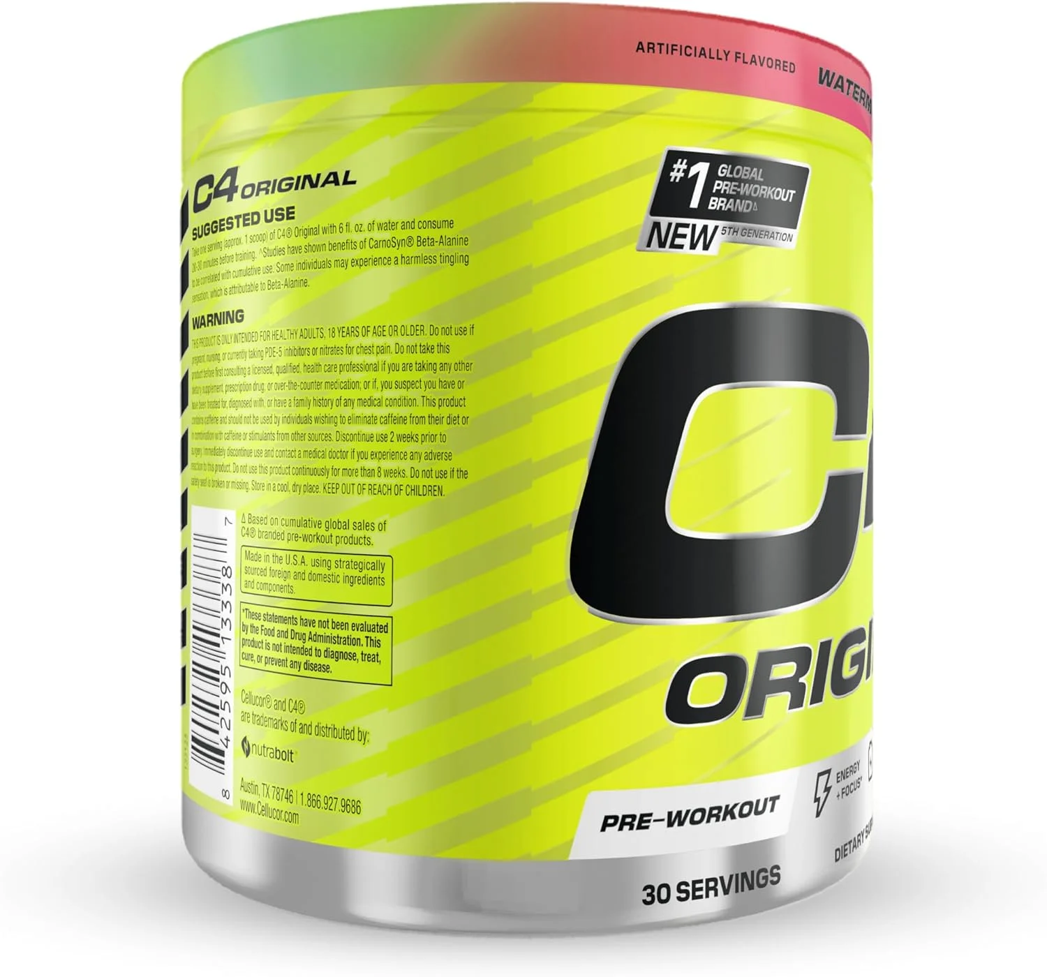 پودر پیش تمرینی بدون شکر Cellucor C4 Original برای آقایان و بانوان، 200 میلی گرم کافئین + کارنوسین بتا آلانین + کراتین + پپتیدهای AI - طعم هندوانه، 30 سروینگ