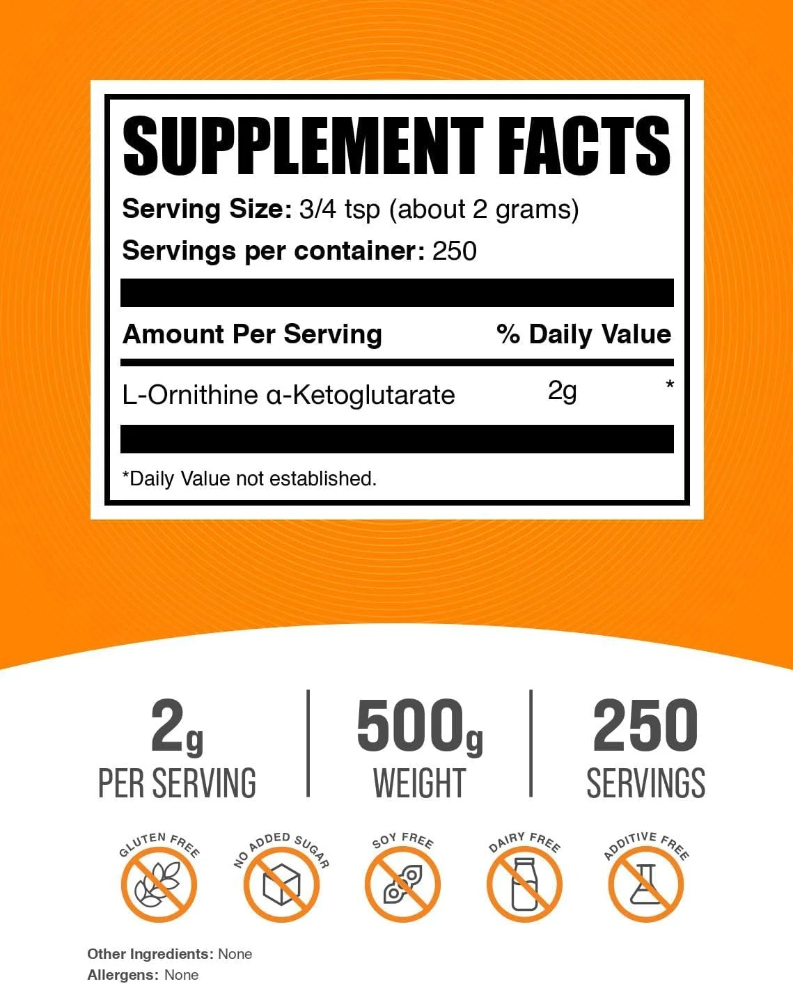 پودر ال-اورنیتین آلفا-کتوگلوتارات BulkSupplements.com - پودر OKG، مکمل نیتریک اکسید، مکمل اورنیتین - بدون گلوتن، 2 گرم در هر وعده، 500 گرم (1.1 پوند) (بسته 1 عددی)