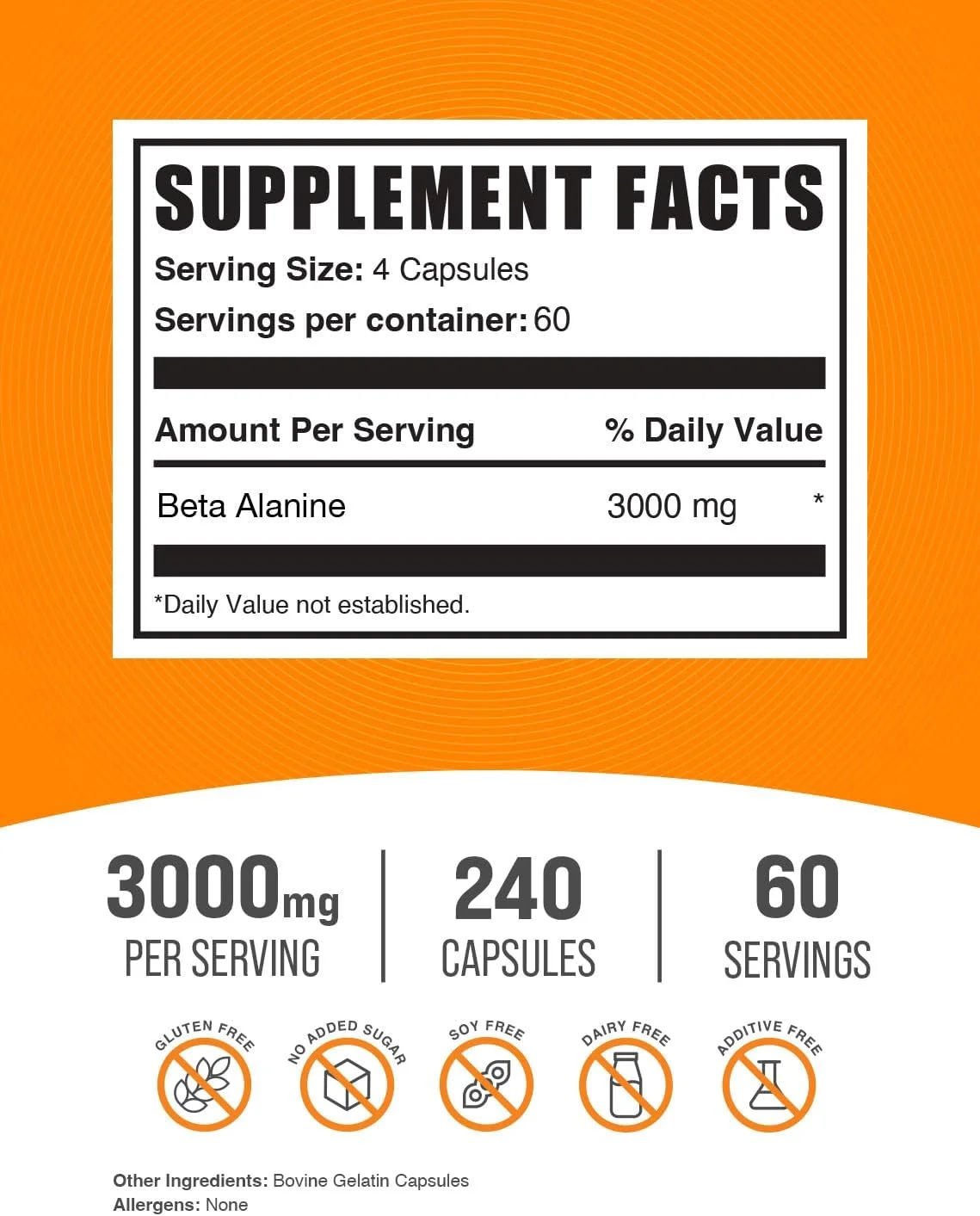 کپسول های بتا آلانین BulkSupplements.com - مکمل بتا آلانین، قرص های بتا آلانین، بتا آلانین 3000 میلی گرم - بدون گلوتن، 4 کپسول در هر وعده، 240 کپسول (بسته 1 عددی)