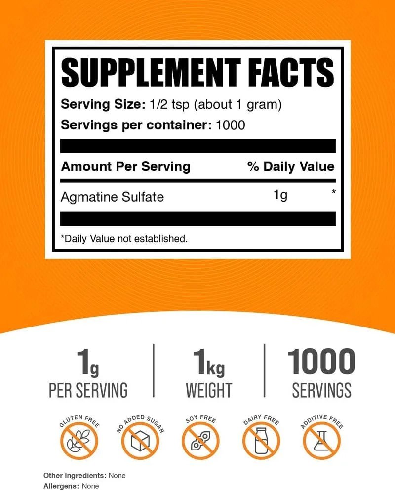 پودر آگماتین سولفات BulkSupplements.com - مکمل اکسید نیتریک، پودر قبل از تمرین - بدون طعم و گلوتن، 1 گرم در هر وعده، 1 کیلوگرم (2.2 پوند) (بسته 1 عددی)