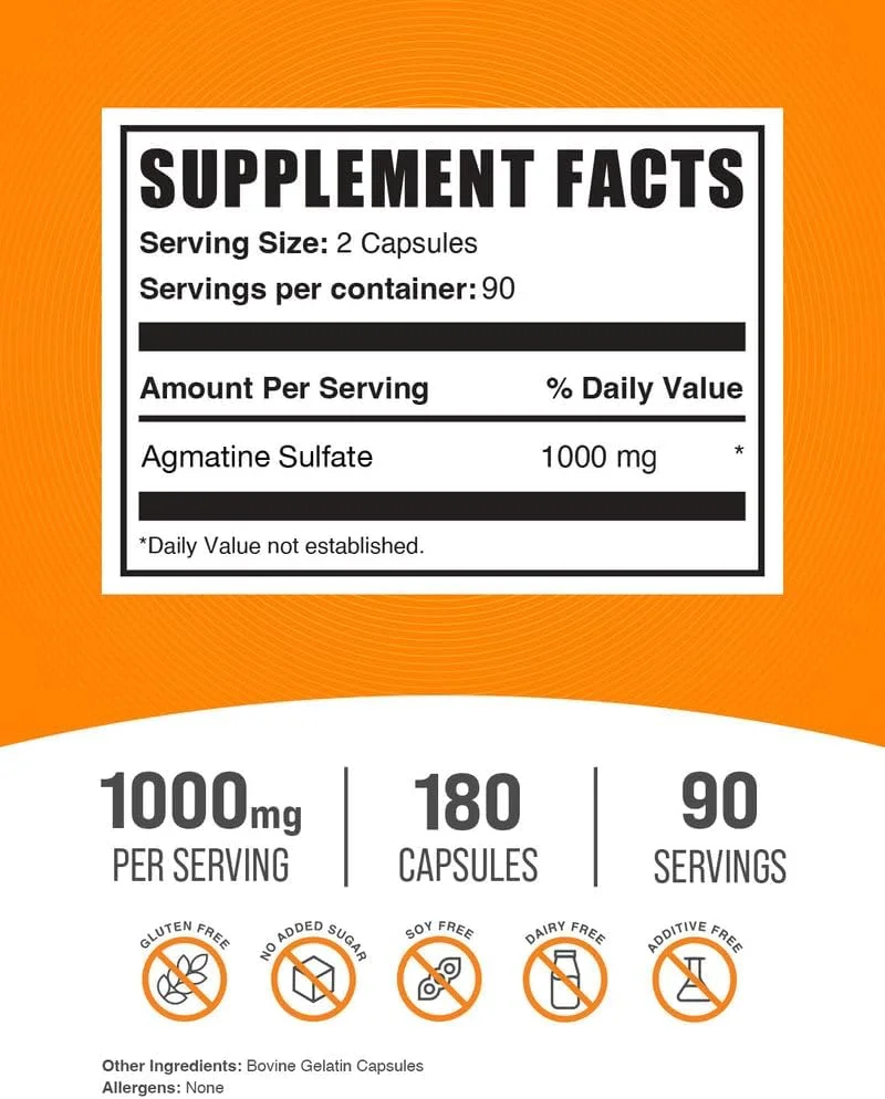 کپسول های آگماتین سولفات BulkSupplements.com - مکمل اکسید نیتریک، مکمل آگماتین - بدون گلوتن، 2 کپسول در هر وعده، 180 عدد (بسته 1 عددی)