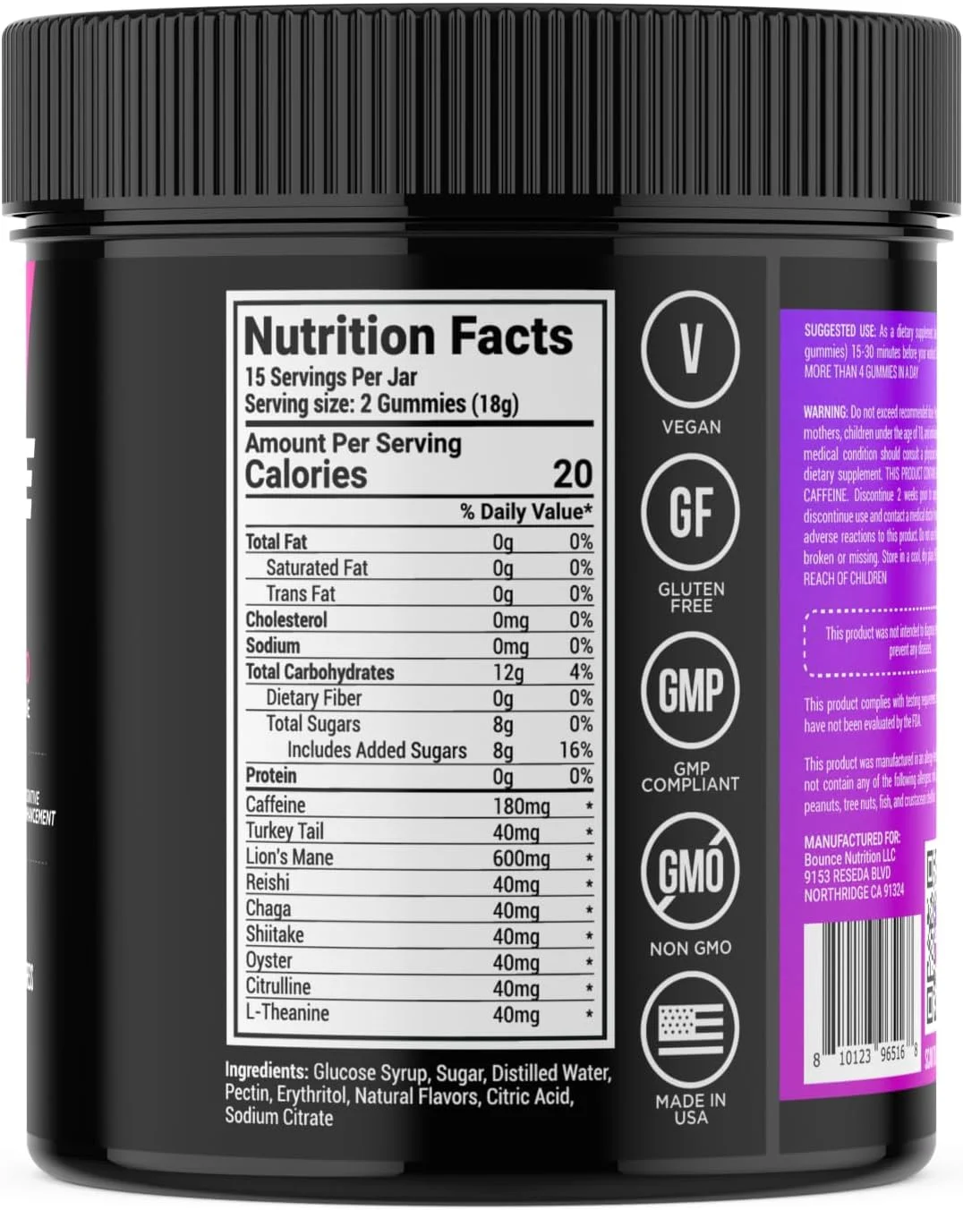 پاستیل انرژی زا قبل تمرین بانس پرو - 30 عدد پاستیل جویدنی گیاهی با کافئین، یال شیر و ال-تیانین برای انرژی، تمرکز و استقامت - طعم تمشک سیاه