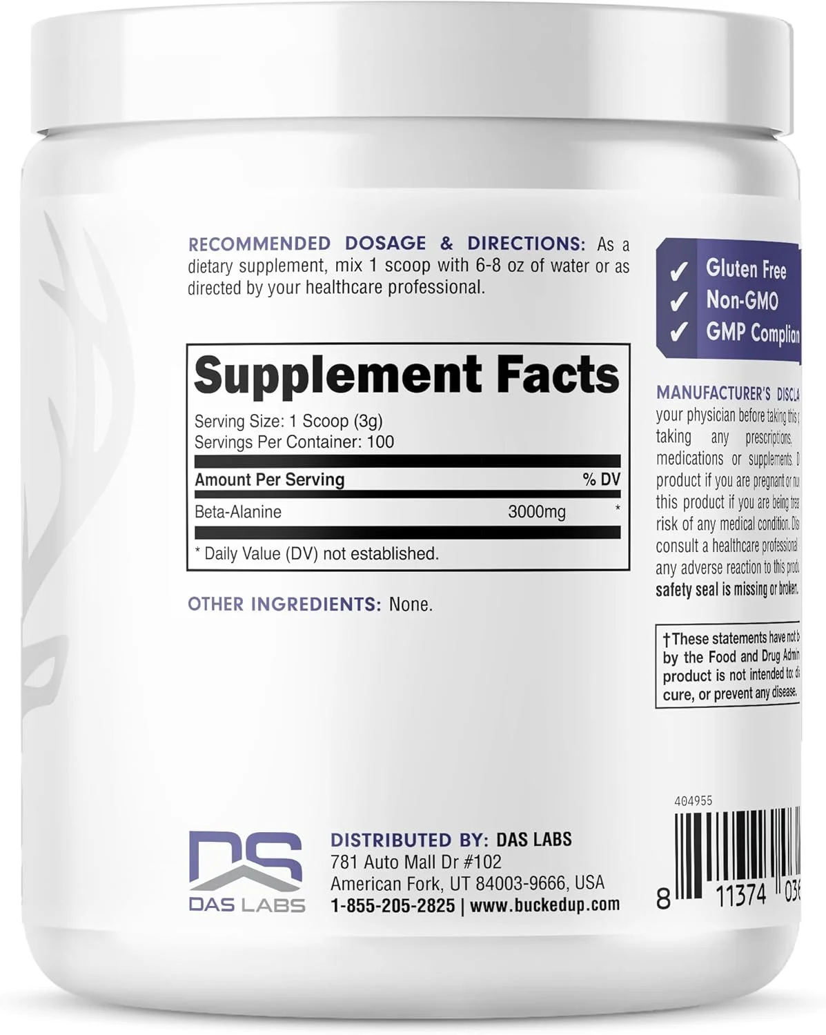 پودر بتا آلانین 300 میلی گرمی باکد آپ، غیر تراریخته، بدون گلوتن، بدون طعم (100 سروینگ)