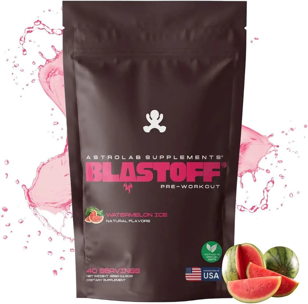 مکمل پیش از تمرین BLASTOFF Clean - ریشه چغندر ارگانیک، 300 میلی گرم کافئین، ال-سیترولین، بتا آلانین | طعم هندوانه ملایم | گیاهی، غیر GMO، بدون شکر، بدون شیرین کننده های مصنوعی - برای آقایان و بانوان