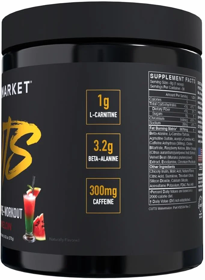 پودر انرژی طعم دار قبل از تمرین بلک مارکت کاتس برای مردان و زنان، عالی برای تفکیک عضلات، ترموژنیک، بدون کراتین (هندوانه، 30 سروینگ)