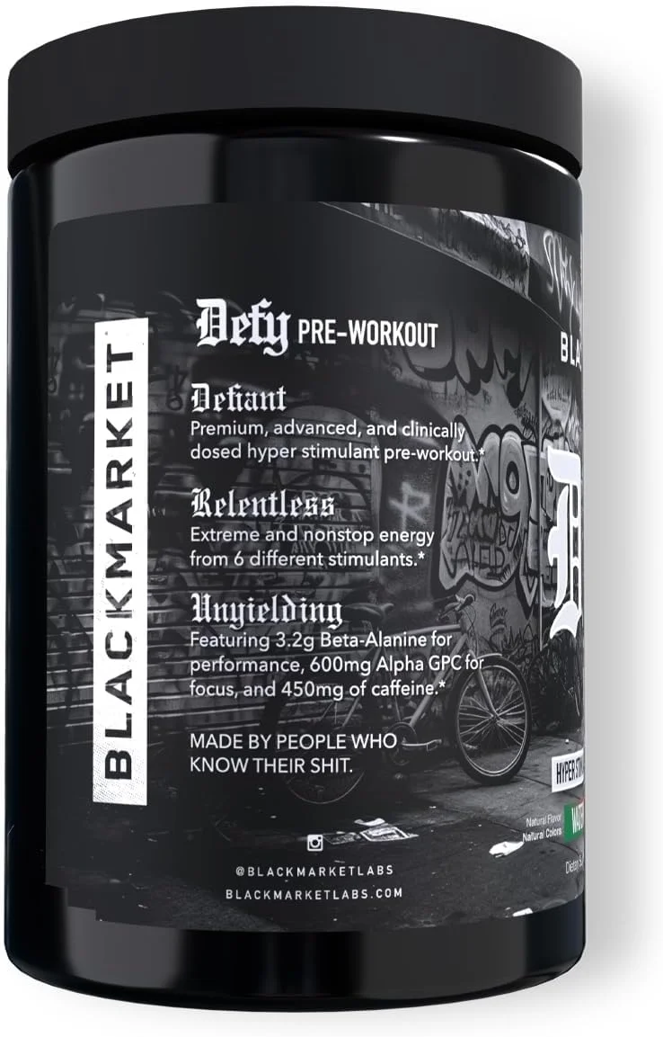 BLACKMARKET DEFY - پودر مکمل قبل از تمرین محرک قوی | 450 میلی گرم کافئین، اریا یارنسیس، دندروبیوم، ال-سیترولین | طعم هندوانه لیموناد | انرژی شدید، پمپ و تمرکز | 40/20 سروینگ