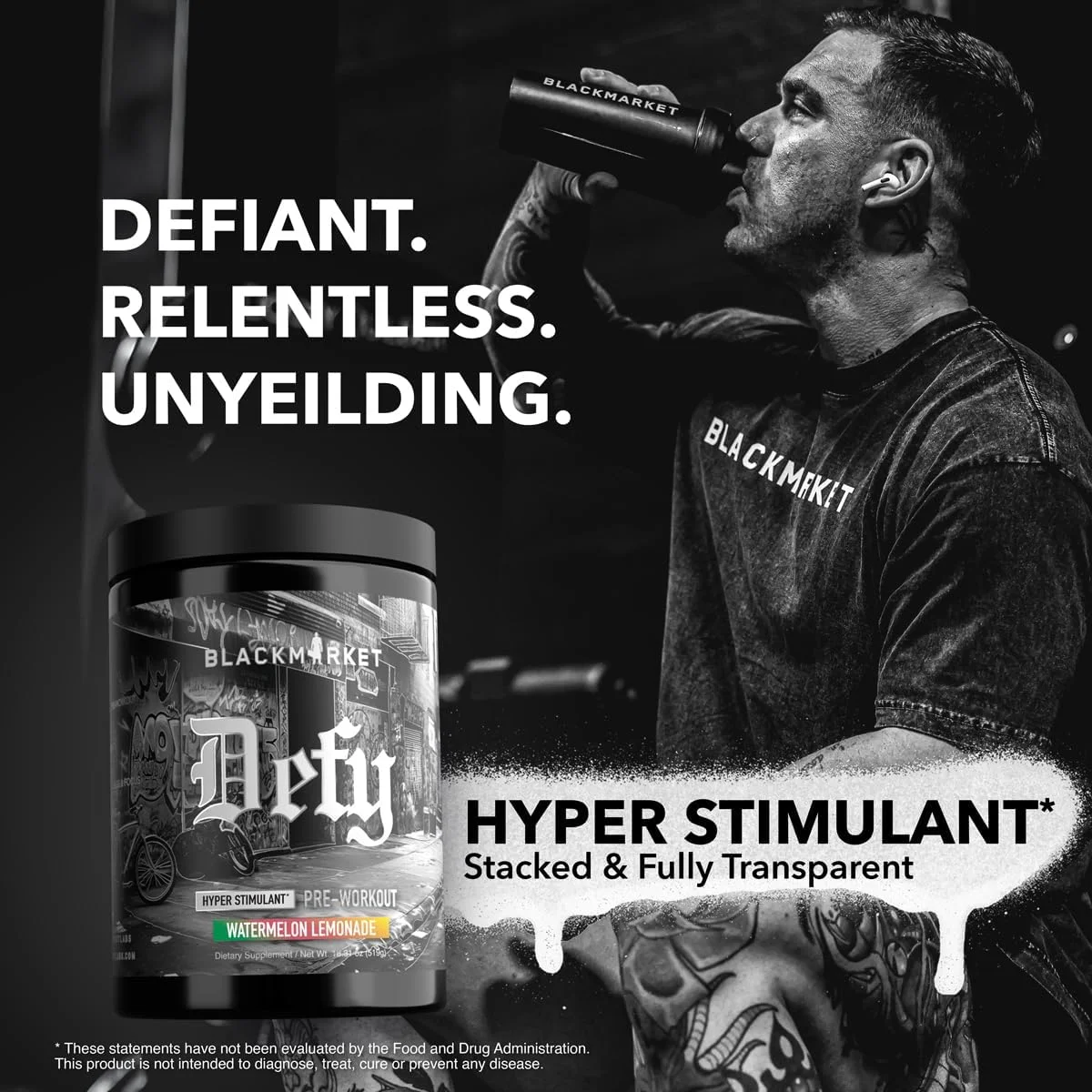 BLACKMARKET DEFY - پودر مکمل قبل از تمرین محرک قوی | 450 میلی گرم کافئین، اریا یارنسیس، دندروبیوم، ال-سیترولین | طعم هندوانه لیموناد | انرژی شدید، پمپ و تمرکز | 40/20 سروینگ