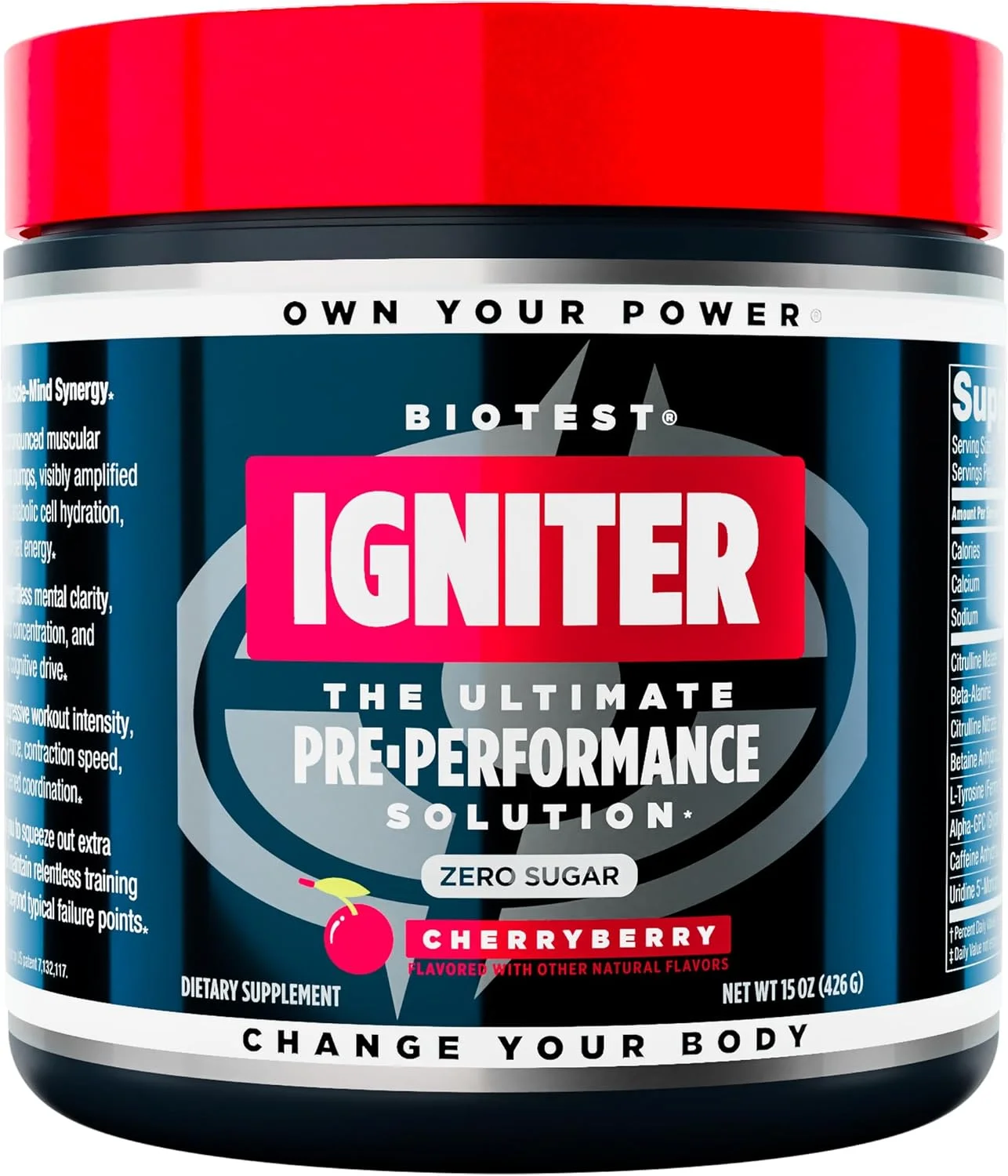 مکمل پیش از تمرین Biotest Igniter - طعم CherryBerry - 20 سروینگ - افزایش انرژی و توان، بهبود عملکرد شناختی - حاوی کافئین، سیترولین، بتا آلانین، بتائین، آلفا-GPC، NO3-T - بدون شکر
