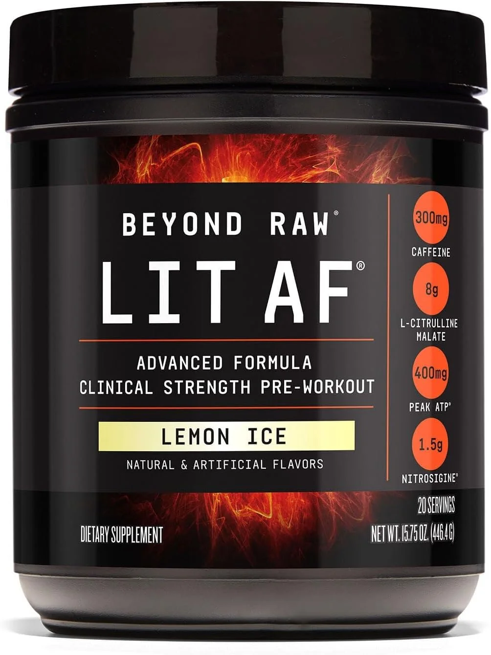 فرمول پیش از تمرین پیشرفته BEYOND RAW LIT، طعم لیمو، برای انرژی، تمرکز، استقامت و پمپاژ، با 300 میلی گرم کافئین با رهش سریع و هدفمند، کراتین، بتائین، بتا آلانین، تورین، 20 سروینگ