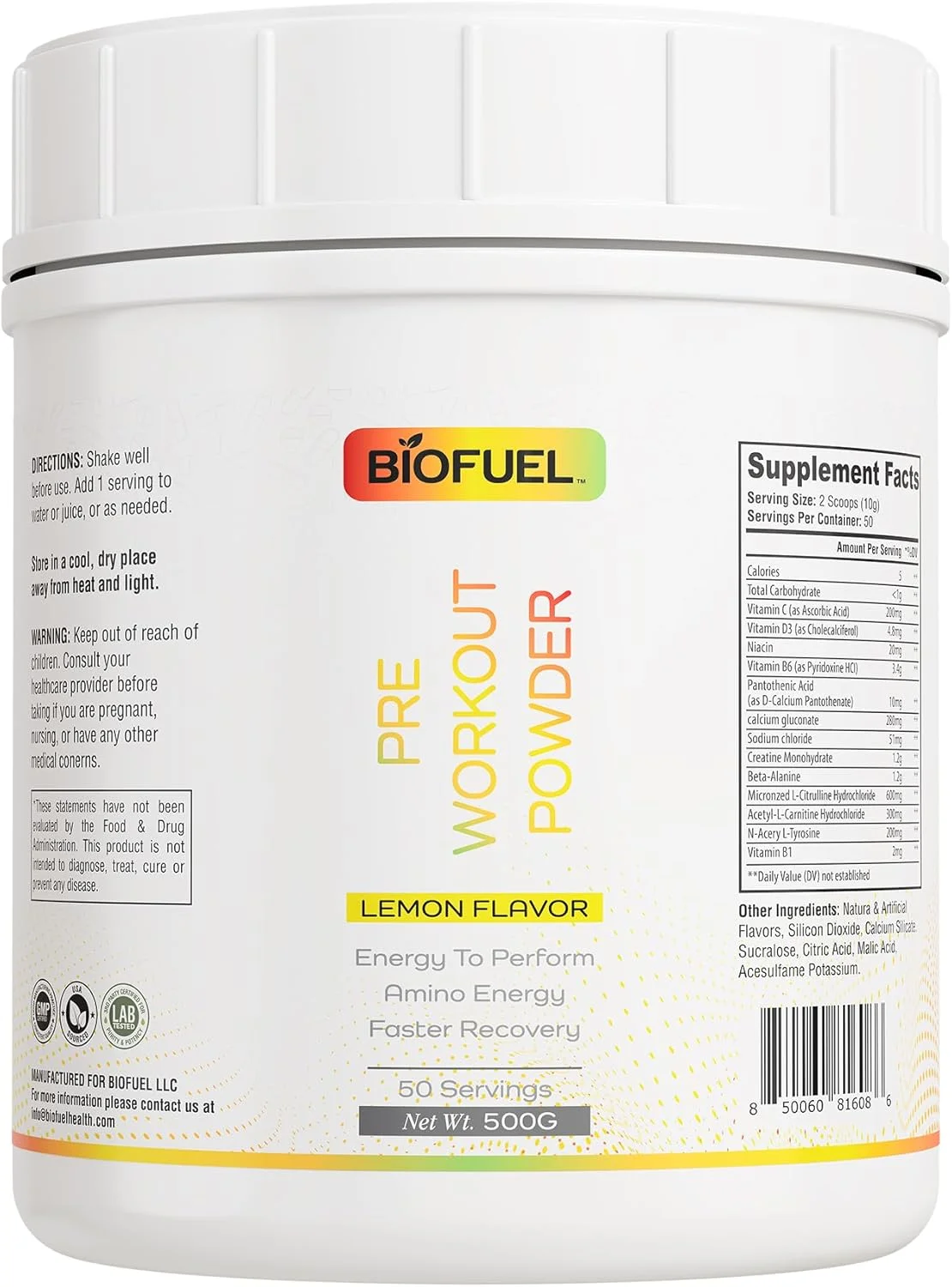 پودر قبل از تمرین سوخت زیستی - افزایش انرژی آمینو، عملکرد تمرین و ریکاوری - طعم طبیعی لیمو، 500 گرم، 50 سروینگ