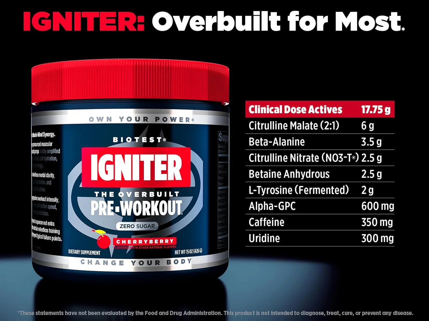 مکمل پیش از تمرین Biotest Igniter - طعم CherryBerry - 20 سروینگ - افزایش انرژی و توان، بهبود عملکرد شناختی - حاوی کافئین، سیترولین، بتا آلانین، بتائین، آلفا-GPC، NO3-T - بدون شکر