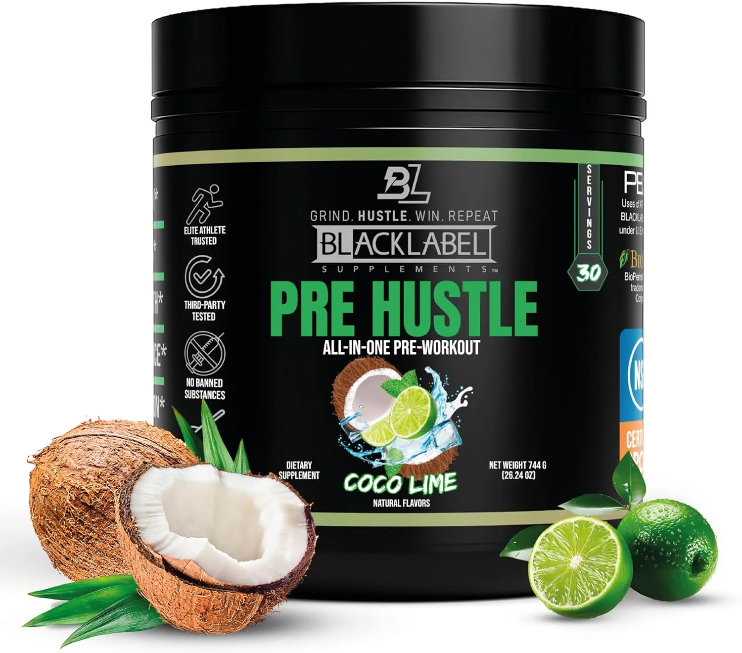 پودر مکمل قبل از تمرین بلک لیبل مدل PRE Hustle V3 – دارای گواهینامه NSF برای ورزش – پشتیبانی از انرژی، قدرت و استقامت – طعم نارگیل لیمو – با کراتین و کافئین – 30 سروینگ