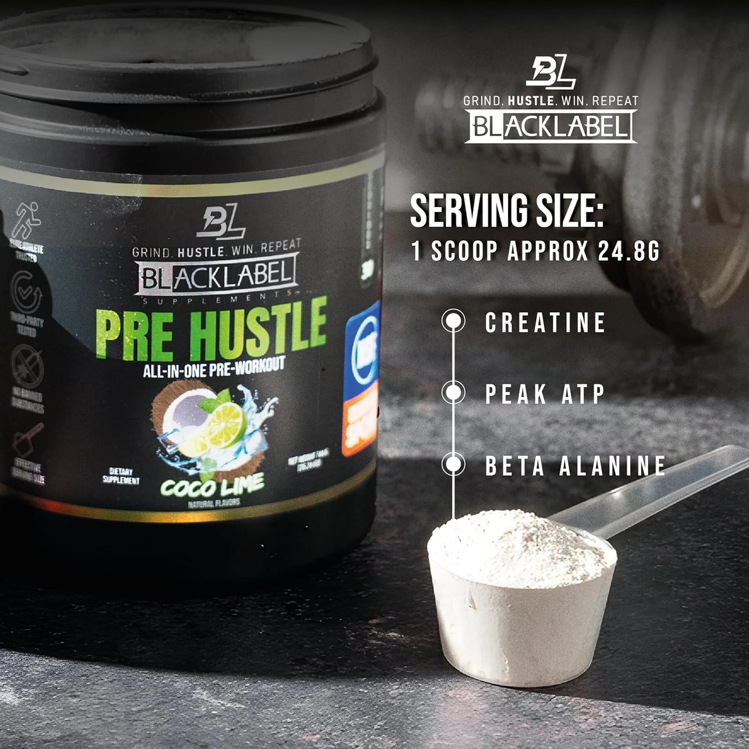 پودر مکمل قبل از تمرین بلک لیبل مدل PRE Hustle V3 – دارای گواهینامه NSF برای ورزش – پشتیبانی از انرژی، قدرت و استقامت – طعم نارگیل لیمو – با کراتین و کافئین – 30 سروینگ