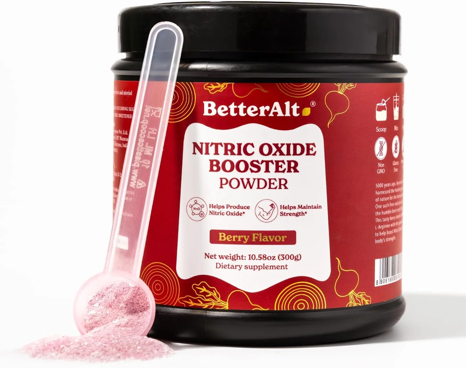 پودر تقویت کننده نیتریک اکسید آلترناتیو بهتر | با عصاره طبیعی چغندر | کمک به حفظ قدرت | طعم توت | 300 گرم