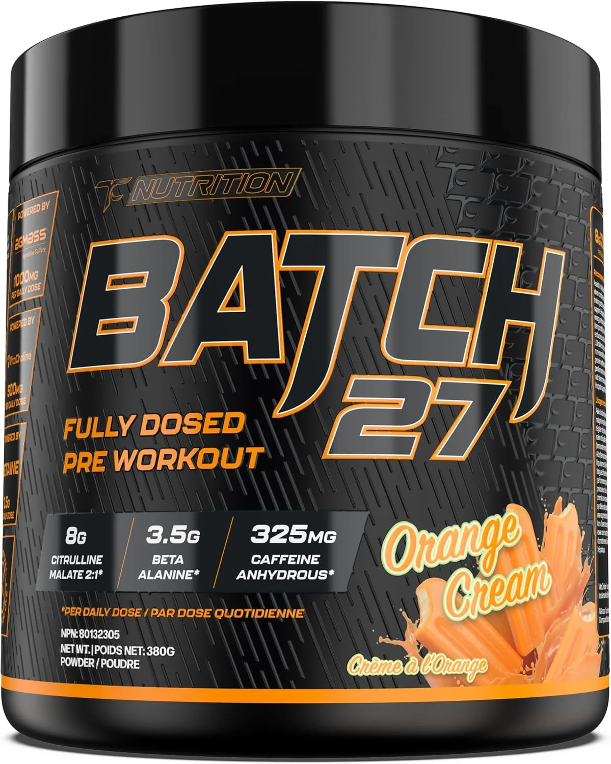 پودر مکمل قبل از تمرین تی سی نوتریشن بچ 27 - 8 گرم سیترولین، 3.5 گرم بتا آلانین، 2.5 گرم بتائین، 325 میلی گرم کافئین | انرژی فوری، تمرکز، پمپ و قدرت | تقویت کننده اکسید نیتریک 20 سروینگ (کرم پرتقال)