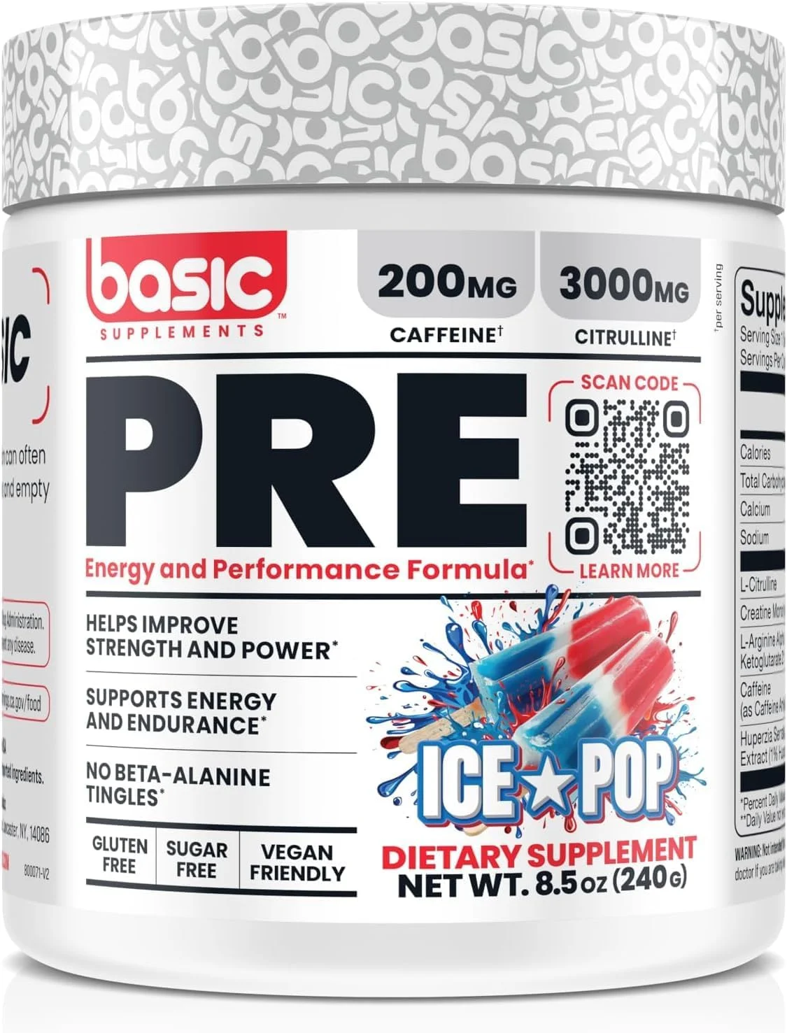 مکمل قبل از تمرین پایه با 200 میلی گرم کافئین و 3000 میلی گرم سیترولین برای انرژی، تمرکز و پشتیبانی از قدرت، بدون سوزش بتا آلانین، وگان، بدون گلوتن، بدون شکر