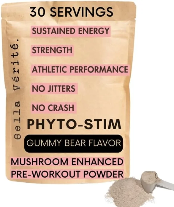 بلا وریته فیتو استیم - پودر مکمل غذایی ورزشی طبیعی قبل از تمرین - پودر استقامت و انرژی با یربا ماته، آشواگاندا و قارچ + 100 میلی گرم کافئین - طعم پاستیل خرسی (30 سروینگ)