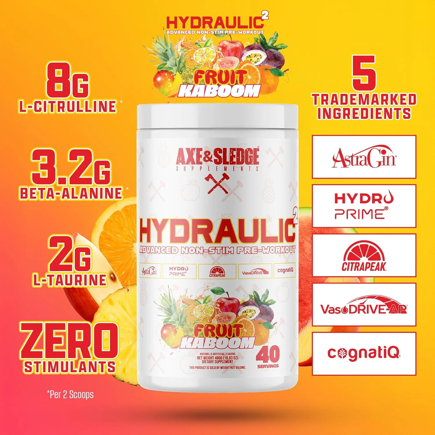 پودر قبل از تمرین بدون محرک هیدرولیک Axe & Sledge برای آقایان و بانوان | عملکرد، استقامت، تمرکز، پمپ | ال-سیترولین، بتا آلانین، کراتین، بدون کافئین، Fruit Kaboom