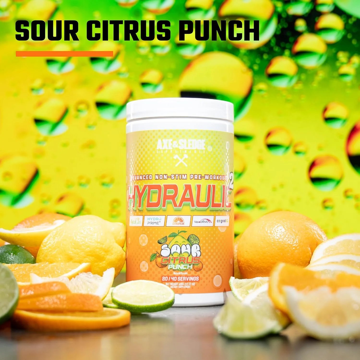 پودر قبل از تمرین بدون محرک هیدرولیک Axe & Sledge برای آقایان و بانوان | عملکرد، استقامت، تمرکز، پمپ | ال-سیترولین، بتا آلانین، کراتین، بدون کافئین، پانچ مرکبات ترش