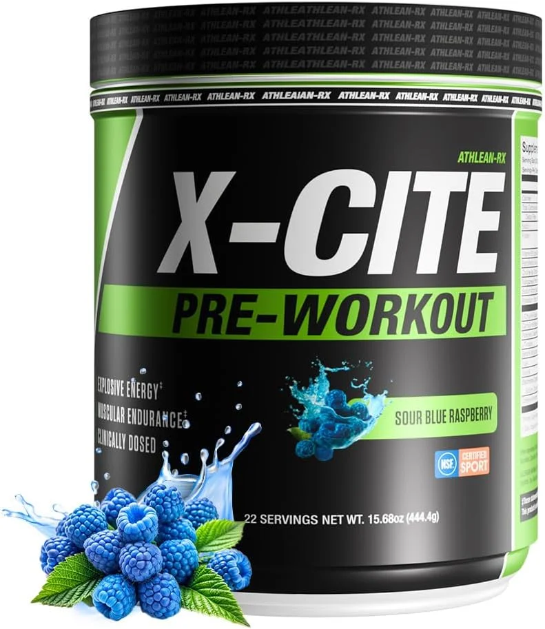 مکمل قبل از تمرین X-CITE از ATHLEAN-X - فرمول پیشرفته با بتا آلانین، کراتین و کافئین برای انرژی، استقامت، تمرکز و پمپ عضلانی، دارای گواهی NSF برای ورزش (22 سروینگ، تمشک آبی ترش)