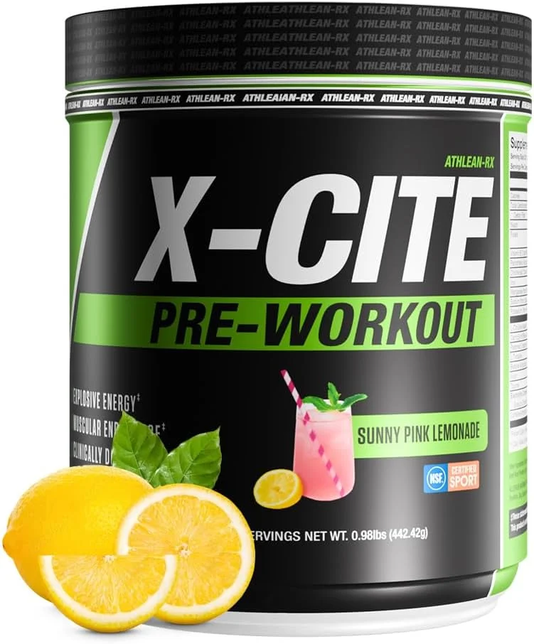 مکمل قبل از تمرین X-CITE از ATHLEAN-X - فرمول پیشرفته با بتا آلانین، کراتین و کافئین برای انرژی، استقامت، تمرکز و پمپاژ عضلانی عالی (22 سروینگ، لیموناد صورتی آفتابی)