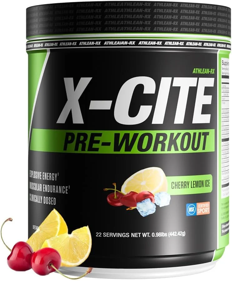 مکمل قبل از تمرین X-CITE از ATHLEAN-X - فرمول پیشرفته با بتا آلانین، کراتین و کافئین برای انرژی، استقامت، تمرکز و پمپ عضلانی فوق العاده (22 سروینگ، طعم گیلاس لیمو یخ)