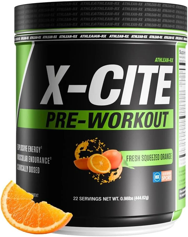 مکمل قبل از تمرین X-CITE از ATHLEAN-X - فرمول پیشرفته با بتا آلانین، کراتین و کافئین برای انرژی، استقامت، تمرکز و پمپاژ عضلانی (22 سروینگ، پرتقال تازه)