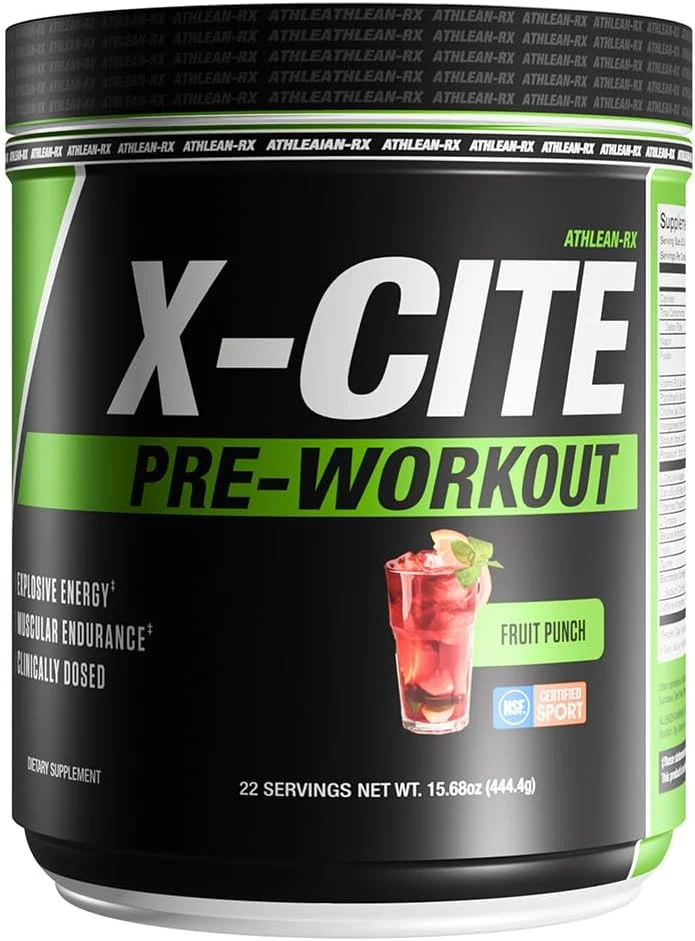 مکمل قبل از تمرین X-CITE از ATHLEAN-X - فرمول پیشرفته با بتا آلانین، کراتین و کافئین برای انرژی، استقامت، تمرکز و پمپ عضلانی نهایی، دارای گواهی NSF برای ورزش (22 سروینگ، پانچ میوه)