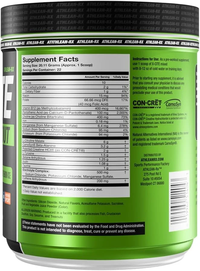 مکمل قبل از تمرین X-CITE از ATHLEAN-X - فرمول پیشرفته با بتا آلانین، کراتین و کافئین برای انرژی، استقامت، تمرکز و پمپ عضلانی فوق العاده (22 سروینگ، طعم گیلاس لیمو یخ)
