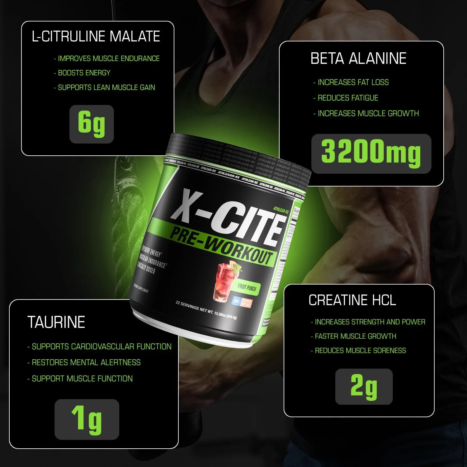 مکمل قبل از تمرین X-CITE از ATHLEAN-X - فرمول پیشرفته با بتا آلانین، کراتین و کافئین برای انرژی، استقامت، تمرکز و پمپ عضلانی نهایی، دارای گواهی NSF برای ورزش (22 سروینگ، پانچ میوه)