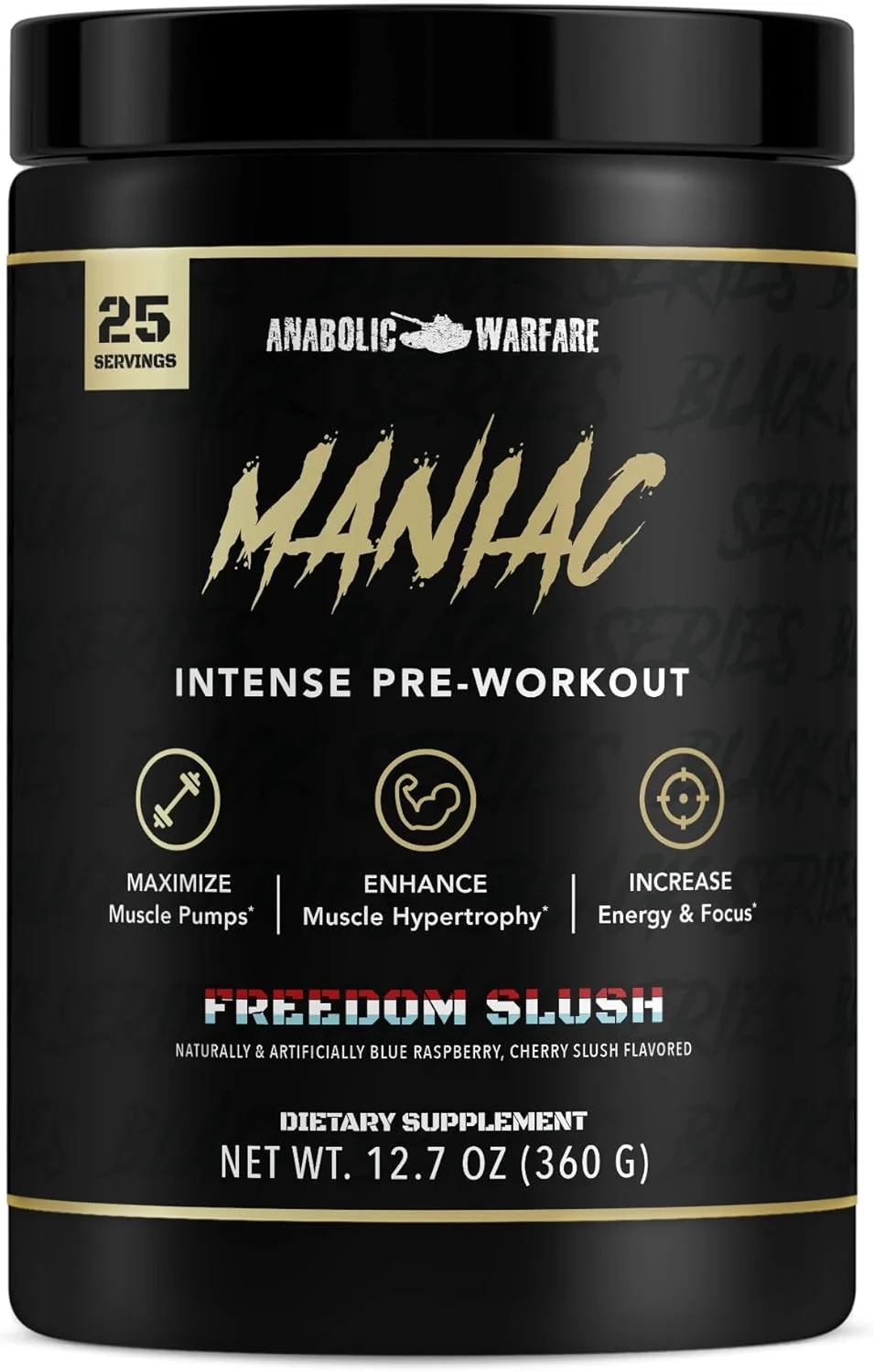 پودر پیش تمرین سری سیاه Anabolic Warfare Maniac، پشتیبانی از اکسید نیتریک، افزایش پمپ عضلانی، پشتیبانی از سنتز پروتئین*، اسلش آزادی 20 سروینگ